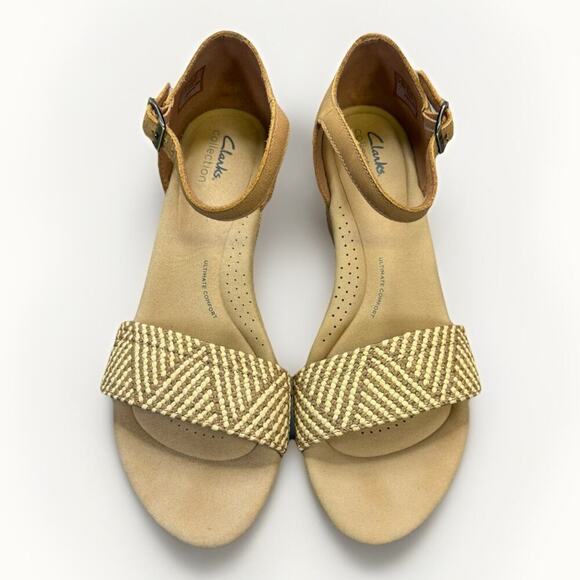 Clarks Shoes - Clark’s Collection Women’s Wedge Sandal Woven Toe Strap, Ankle Buckle Size 10